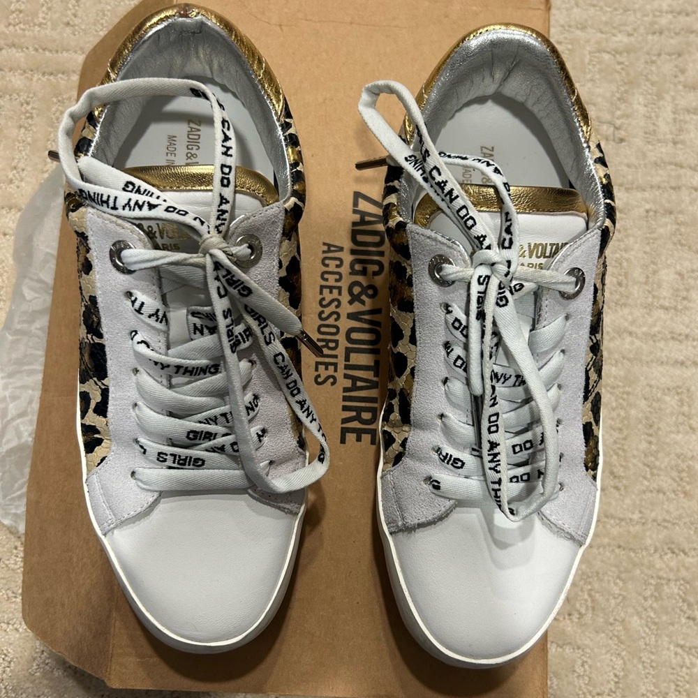 Zadig & Voltaire distressed Women's Sneakers - White, Gold, and Leopard Print
